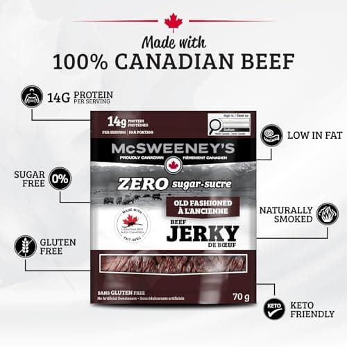 McSweeney's ZERO sugar Old Fashioned Beef Jerky.100% Made In Canada Sugar Free Snacks, School Snacks, Gluten Free, High Protein Snacks, Keto Friendly, Low Fat, Naturally Smoked, 70g (Pack of 12) — view 4