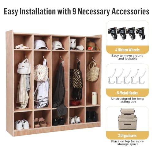 5-Section Classroom Coat Locker, Cubby Storage Organizer with 4 Casters, 5 Hooks & 2 Storage Boxes, Heavy-Duty Plywood Daycare Furniture for Preschool & Kids Entryway — view 4