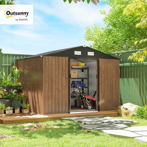 Outsunny 9' x 6' Garden Storage Shed with Foundation Kit, Metal Tool Storage House with Double Doors and Ventilation Slots for Outdoor Patio Yard, Teak