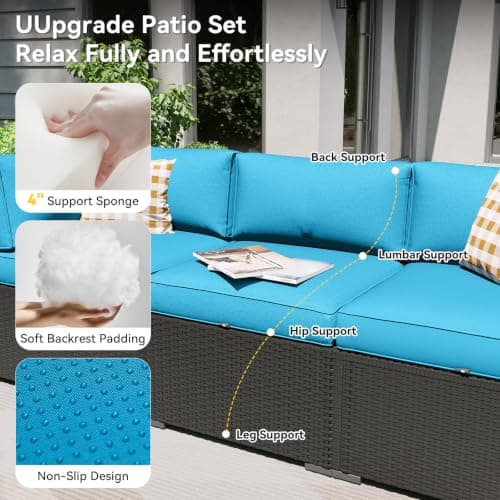 Aoxun Patio Furniture Set with Fire Pit Table, 8 Piece Outdoor Sectional Sofas, Wicker Rattan Outdoor Furniture with Thickened Cushion for Backyard, Garden Peacock Blue — view 2