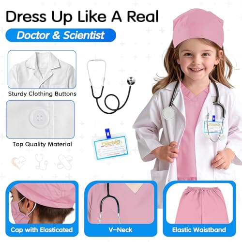 Doctor Scrubs Costume for Kids With Set Lab Coat Halloween Dress Up For Boys Girls 3-12 (Light Pink, S-110/3-4T) — view 2