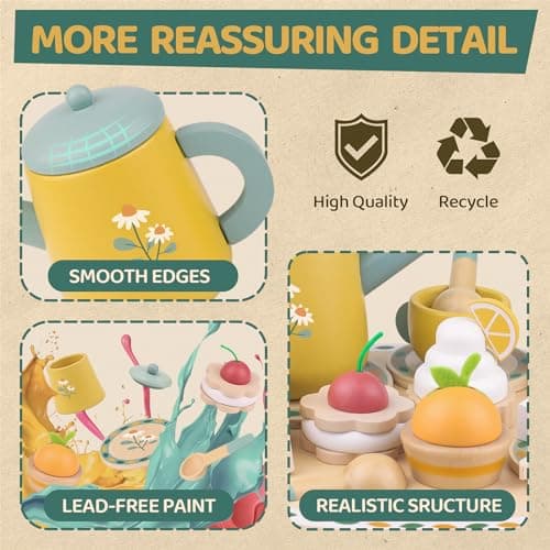 Airlab Tea Sets for Toddlers 3-5 Girl Birthday Gift 2 Year Old Princess Party Wooden Play Food Toy Sets for Kids Kitchen Accessories Age 3 4 5 6 Wood Educational Toys — view 3