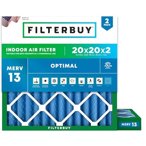 Filterbuy 20x20x2 Air Filter MERV 13 Optimal Smoke & Allergy Defense (2-Pack), Electrostatic Pleated HVAC AC Furnace Filters Replacement, Made in USA (Actual Size: 19.50 x 19.50 x 1.75)