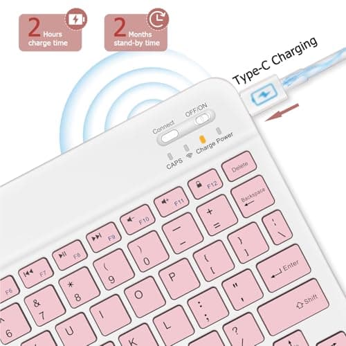 KUNSI Bluetooth Keyboard for iPad, Rechargeable Slim Portable Wireless Keyboard for iPad Tablets, Compatible for All iOS/Windows/Android System Devices-Pink — view 2