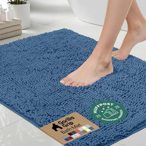 GORILLA GRIP Bath Mat, Thick Soft Absorbent Chenille Floor Mats, Rubber Backing Bathmat, Quick Dry Rug, Machine Washable Rugs for Shower and Tub Floors, Bathroom Accessories Decor, 61x43 cm, Blue