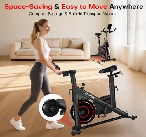 CHAOKE Exercise Bike, Quiet Adjustable Magnetic Stationary Bike for Home Cardio with App Compatible, 350LB Weight Capacity Indoor Cycling Bike with Large Seat, Dumbbell Rack, Pull Cords & LCD Display — view 8
