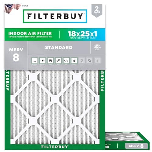 Filterbuy 18x25x1 Air Filter MERV 8 Essential Dust & Allergy Defense (2-Pack), Electrostatic Pleated HVAC AC Furnace Filters Replacement, Made in USA (Actual Size: 17.50 x 24.50 x 0.75)