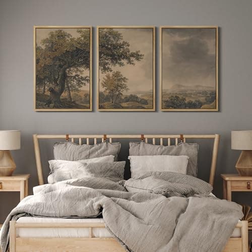MUDECOR Framed Wall Art Print Set Vintage Landscape Rustic Tree and Mountain View Illustrations Decorative Colorful for Living Room, Bedroom, Office - 24"x36"x3 Natural — view 3