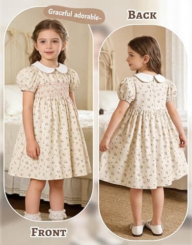 Miipat Toddler Girls Smocked Floral Dress Puff Sleeve Cotton Vintage Kids Peter Pan Collar Summer Dress(BeigeFloralPrint,3-4T) — view 6