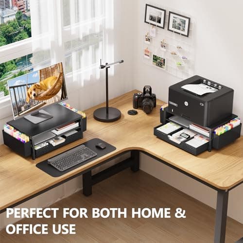 OPNICE Desk Organizers and Accessories, Computer Monitor Stand Riser with Drawer and 2 Pen Holders, Printer & Laptop Stand, Office Desk Accessories & Workspace Organizers for Home Office Supplies, Black — view 4