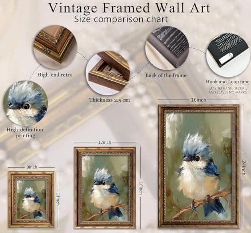 Dougepce 3D Texture Oil Painting,Vintage Gold Framed Wall Art,Blue Bird Wall Art Canvas Prints, Birds on Tree Pictures Wall Decor, Birds Artwork Paintings for Bedroom Wall Decor (Blue 11''Lx9''W) — view 2