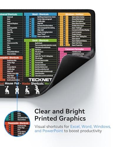 TECKNET Excel Cheat Sheet Desk Pad, Mouse Pad for Excel Word PowerPoint Windows Shortcuts-11.6x9.8 Inch, Non-Slip Waterproof Office Desk Mat, Portable, Durable, Clear Printing, Black — view 3