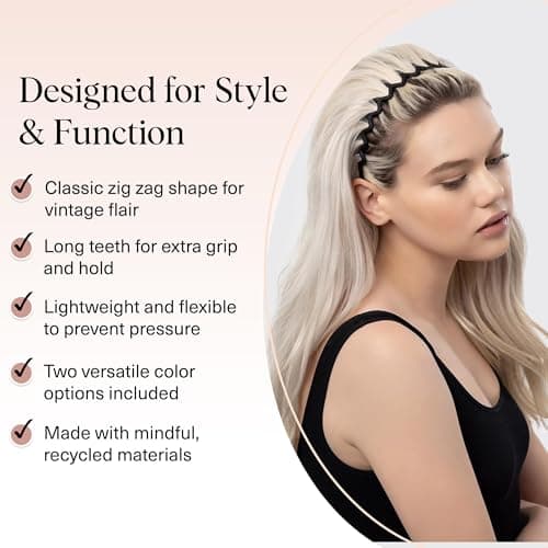 Kitsch Zig Zag Headbands for Women – Fashion Accessories for Slicked Back Styles - Comfortable Wavy Headbands | Comb Headband with Teeth | Ideal Gifts for Women - Black and Tortoise - 2 pcs — view 3