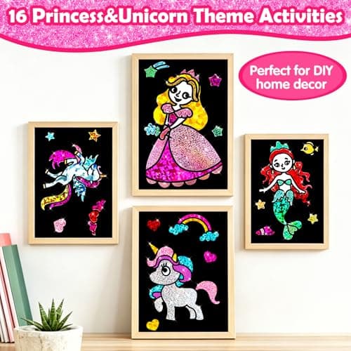 FUNNYB&G Foil Art Craft Kit for Girls 4-10 Years Old: Mess-Free & No-Glue, Create 16 Sparkly Princess Unicorn Pictures – Perfect Travel Toy & Birthday Gift for Kids (Princess) — view 8