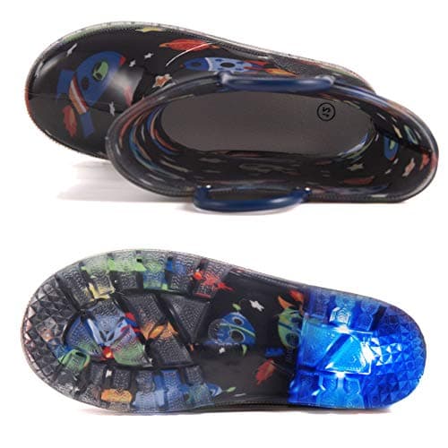HugRain Toddler Boys Rain Boots Baby Kids Light Up Printed Waterproof Shoes Rubber Garden Puddle Boots Lightweight Adorable Cute Black Cosmos Space Roket Easy-On Handles and Insole (Size 6,Black) — view 4