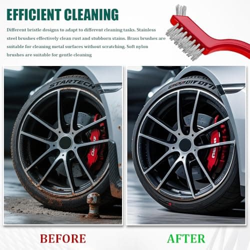 HQRNYP 6 PCS Wire Brush Set, Car Cleaning Kit, Nylon/Brass/Stainless Steel Bristles with Curved Handle Grip, Car Accessories Wash Kit for Cleaning Welding Slag, Rust and Paint Scrubbing (6PCS) — view 3