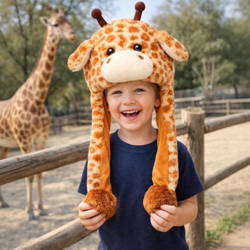 Bubblepompom Giraffe Hat with Ears Moving Jumping Pop Up Beating Hat Plush Earflaps Holiday Cosplay Costume Dress Up Funny Gift for Kids, 22'' — view 4