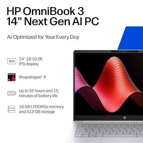 HP OmniBook 3 14 inch Next Gen AI PC, 2K Display, Snapdragon X X1-26-100, 16 GB RAM, 512 GB SSD, Qualcomm Adreno GPU, Windows 11 Home, Glacier Silver, 14-hz0099nr