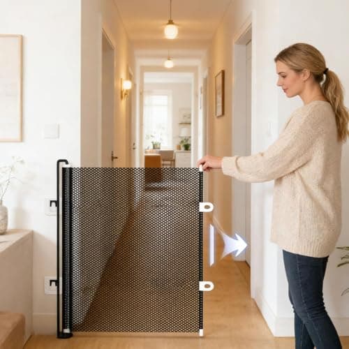 Retractable Pet Gate for Cats Dogs, No Drilling Extendable Pet Barrier Gate, Portable Indoor Mesh Pets Gates for Stairs Doors Hallways Decks (Black) — view 3