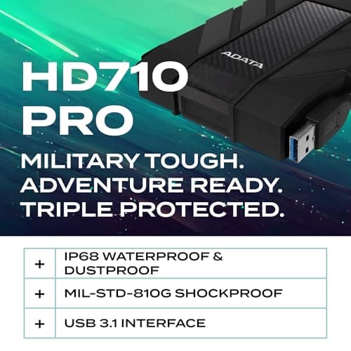 ADATA HD710 Pro - 2 TB External Hard Drive - Shockproof, Waterproof & Dustproof - Durable Storage - For Gamers, Students & Professionals - Mac, PC & Linux Compatible - Black - AHD710P-2TU31-CBK