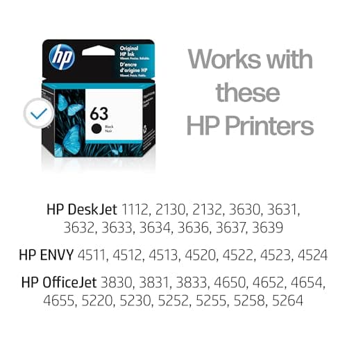 Original HP 63 Black Ink Cartridge | Works with HP DeskJet 1112 2130 3630 HP Envy 4510 4520 HP OfficeJet 3830 4650 5200 | Eligible for Instant Ink, Standard Yield, Standard Yield Ink Cartridge