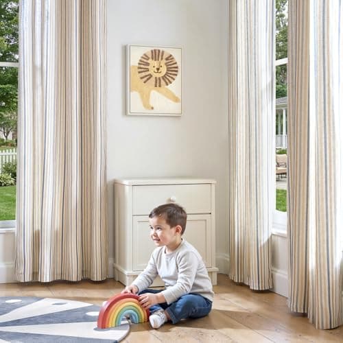 jinchan Colorful Linen Curtains for Living Room Multi Blue on Beige Striped Curtains for Bedroom Ticking Stripe Farmhouse Light Filtering Pinstripe Window Treatment 2 Panels 84 inches Long — view 2