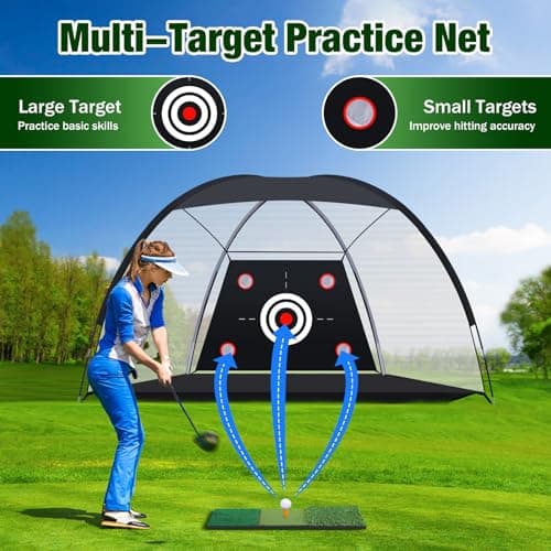 MoKo Golf Net with Practice Mat, 10 x 7 ft Golf Hitting Net for Outdoor Indoor Backyard Driving Chipping Swing Training, All-in-One Multi-Target Practice Nets, Gifts for Men Dad Him and Golfer