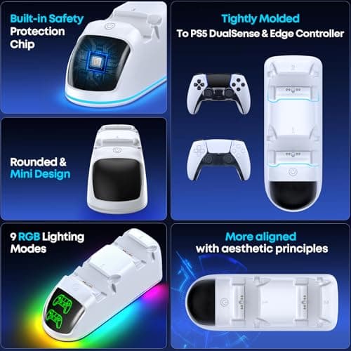 PS5 Controller Charger Station Compatible with PlayStation 5 Dualsense & Edge Controllers, RGB PS5 Controller Charging Dock Holder Stand with Fast Charge Cable for PS 5 Accessories Kits — view 2
