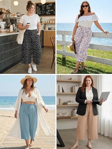 AusLook Plus Size Capri Wide Leg Black 2X Pants for Women with Pockets High Waisted Elastic Drawstring Summer Casual Flowy Straight Lounge Beach Cropped Trousers — view 5