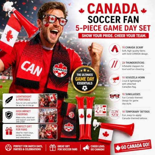 Soccer Fan Gear 5 Pcs Set 2026 World Soccer Sport Cup Party Supplies, Canada Theme, Red and White, Includes 1 Scarf, 2 Thundersticks, 1 Vuvuzela Horn, Novelty Fan Goggles, and Temporary Tattoos