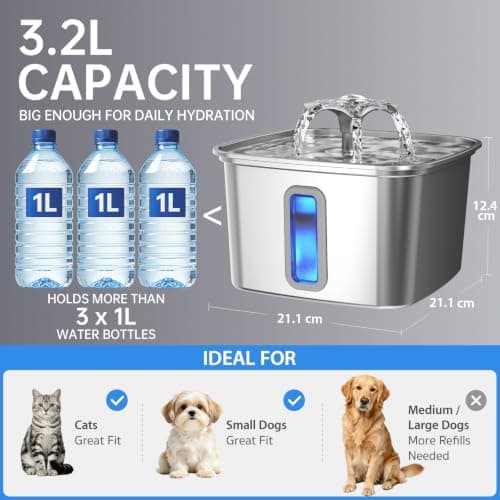 Veken Innovation Award Winner Stainless Steel Cat Water Fountain, 108oz/3.2L Pet Fountain with 4 Replacement Filters & 4 Pre-Filter Sponges & Silicone Mat, for Cats, Dogs (Silver) — view 3