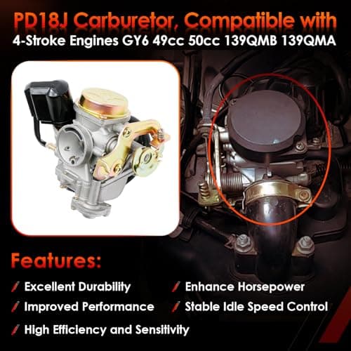 PD18J Carburetor 18mm Replacement for GY6 49cc 50cc 80cc 139QMB 139QMA 4 Stroke Moped Engine for Taotao Kymco Scooter with Fuel Filter Spark Plug Intake Manifold