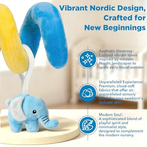 URMYWO Spiral Car Seat Baby Toys 0-6 Months, Nordic Style Sensory Toy for Newborn, Infant Hanging Stroller Toys with Rattle & 3D Crinkle, Squeaker, Mirror, Baby Shower Gift Essentials — view 5
