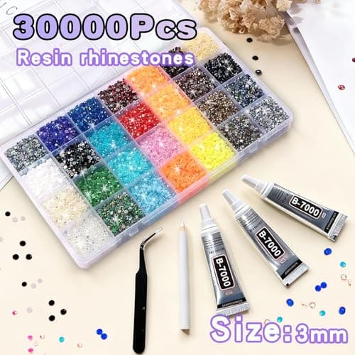 28 Colors Resin Jelly Rhinestone Bedazzling Kit, 3mm 30,000 Decorative Rhinestones for Bedazzling with 3 B7000 Glue Adhesives for Decorating Clothing, Shoes, Nails, and Crafting Tools