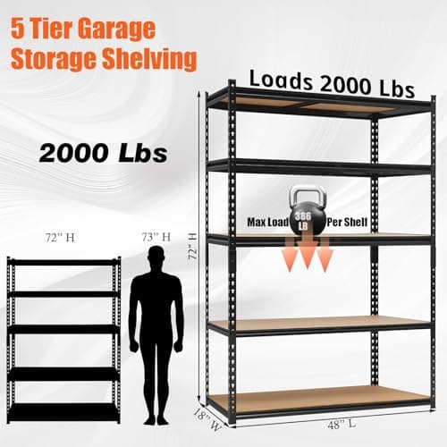 Heavy Duty 5-Tier Garage Shelving, Metal Storage Utility Rack Shelf Unit Adjustable Storage Shelves Loads, 2000 LBSS Adjustable Garage Storage Shelving for Basement Warehouse(36 * 24 * 72in)