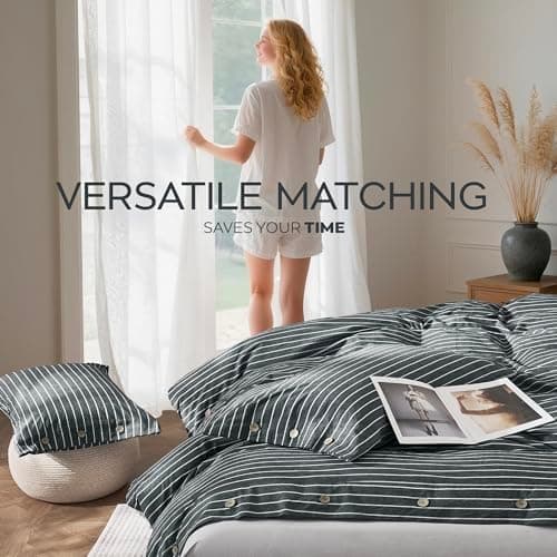 JELLYMONI Pinstriped 100% Washed Cotton Linen Like Duvet Cover Set, 3 Pieces Luxury Soft Bedding Set with Buttons Closure, Grey Stripes Pattern Printed Duvet Cover Queen Size(No Comforter) — view 4