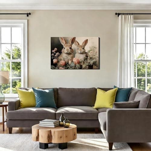 Vintage Festive Easter Bunny Canvas Wall Art 8x12, Framed Cozy Spring Prints Pictures, Easter Rabbit Canvas Artwork for Bedroom, Living Room, Office, Rustic Farmhouse Home Wall Decor — view 2