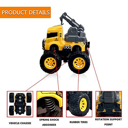 Construction Monster Truck Toys - 4pcs Excavator, Mixer, Crane, Dump Trucks Toy | Push and Go Friction Powered Cars Stunt Vehicles Playset | Kids Birthday Party Favors Gifts for 3+ Year Old Boys Girls — view 2