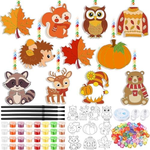 Beeveer 30 Sets Fall Animals Suncatchers Art Kits DIY Thanksgiving Squirrels Owl Suncatcher Crafts Paint Your Own Window Ornaments for Adults Autumn Activity Party Favor