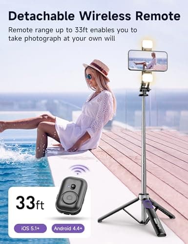 Selfie Stick with 2 Fill Light, 53'' Tripod for Cell Phone with Wireless Remote, 360° Rotating Portable Phone Tripod with Detachable Clip, Travel Phone Holder Compatible with iPhone/Samsung/GoPro — view 3