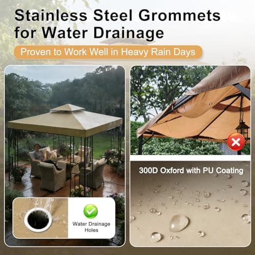 Gazebo 10'x10'Ft Canopy Replacement Top Cover,Waterproof UV50+ Patio Sun Shade Canvas with Two Tier Ventilated and Windproof Straps for Outdoor Backyard Garden(Only Top Cover，Khaki) — view 3