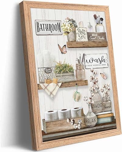 Farmhouse Bathroom Canvas Wall Art Rustic Cotton Flower Butterfly Painting Picture Wall Decor Relax Soak Unwind Sign Poster Print Artwork Modern Home Decor for Bathroom Framed Ready to Hang