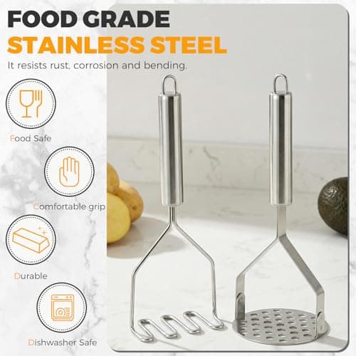 Potato Masher Stainless Steel 2-Piece Set - Heavy Duty Potato Ricer for Smooth Mashed Potatoes, Avocado, Vegetables and Soft Foods - Dishwasher Safe Kitchen Gadgets — view 2