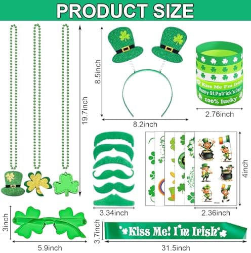 68Pcs St Patricks Day Accessories Party Supplies Set, Headband Glasses Beads Necklaces Tattoo Stickers for St Patricks Day Costume Party — view 2