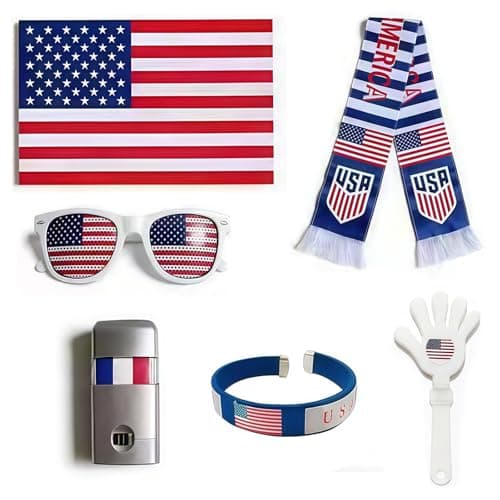 2026 World Cup Merch Soccer Fan Kit 6Pcs USA Soccer Fan Gear Set with American Flag, Glasses, Face Paint, Wristband, Clappers, Scarf - for Stadiums, Watch Parties, Patriotic Day 250 Anniversary