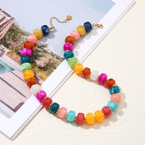 Bowdcvy Chunky Beaded Statement Necklace for Women Trendy Colorful Boho Resin Bead Choker Necklaces Summer Handmade Jewelry Gifts Accessories (Colorful - 1) — view 6
