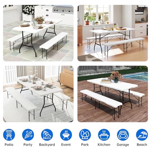 6 FT White Picnic Folding Table Set with 2 Benches, Portable Patio Dining Sets for Backyard, Lawn, Event, Party, Camping — view 7
