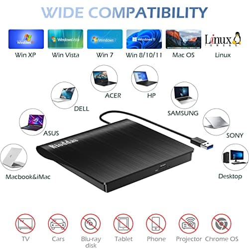 Rioddas External CD/DVD Drive for Laptop, USB 3.0 CD DVD Player Portable +/-RW Burner CD ROM Reader Writer Disk Duplicator Compatible with Laptop Desktop PC Windows Apple Mac Pro MacBook Linux — view 3