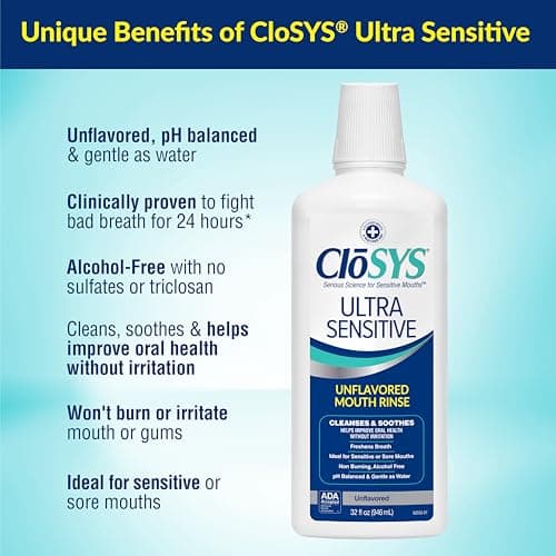 CloSYS Ultra Sensitive Mouthwash, 32 Oz, Alcohol Free Mouthwash, Unflavored Mouth Wash, Dye Free, pH Balanced, Helps Soothe Entire Mouth