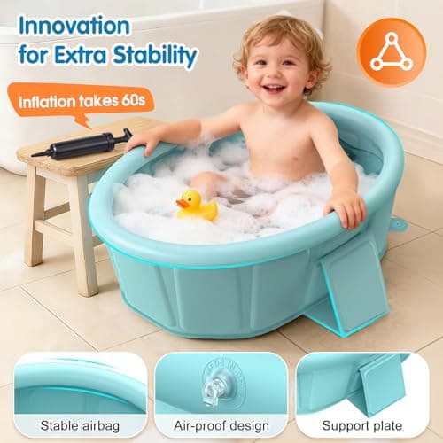 Baby Bathtub with Inflatable Top Edge, Extra Stable Infant Bath Tub, Collapsible & Portable for Baby Bath Time, No Tilt Design for 12M-6Y Toddler, No Assembly for Travel Shower — view 2